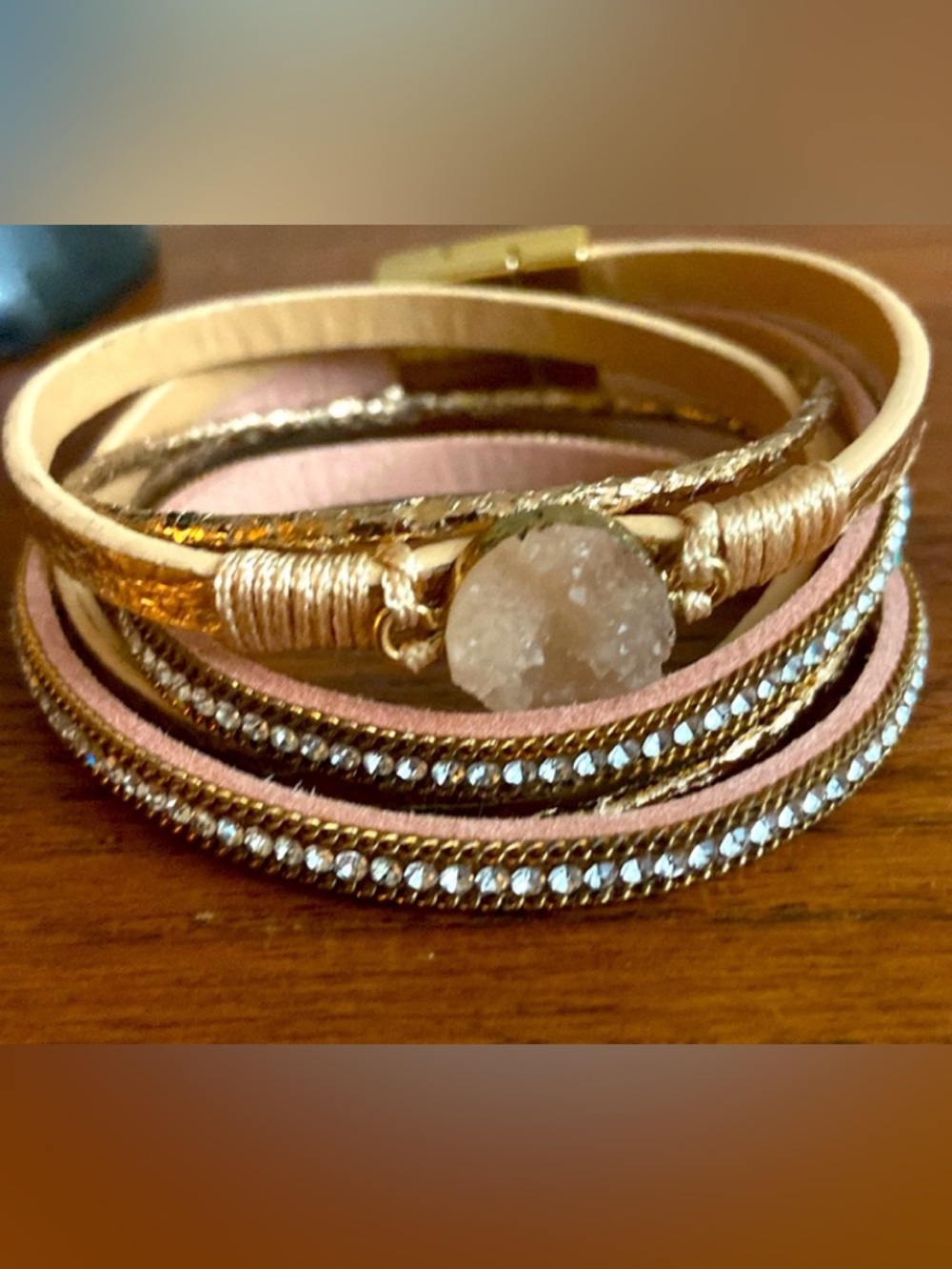 Rose Gold Tan Pink & Druzy Stone Magnetic Wrap Bracelet